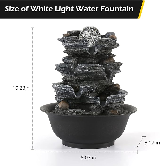 Dyna-Living Tabletop Water Fountain Indoor Waterfalls Fountains with White LED Light Decorative Feng Shui Tabletop Fountain with Quiet Pump and Spinning Ball, Desktop Waterfall Fountain for Home Decor