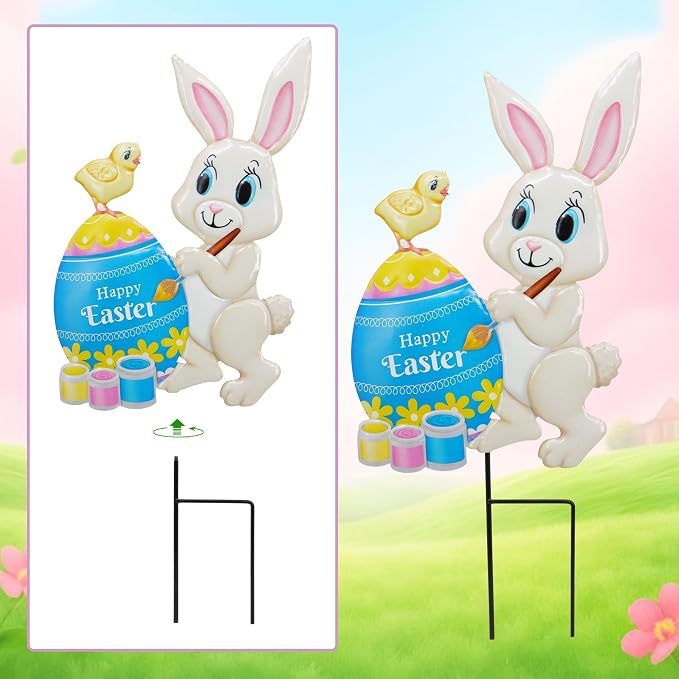 Yard Sign Stakes Made of Metal, Easter Yard Stakes with Bunny Egg for Easter Decorations Outdoor Garden Lawn Porch