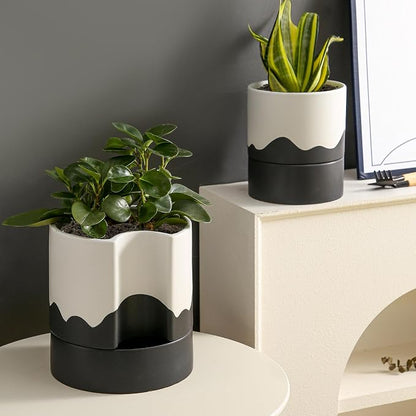 Nihow Self Watering Plant Pot, 8 Inch, White & Wave Black | Ceramic Planter, Drainage Hole & Water Storage Plus, Cylinder Round Flower Pot, Indoor & Outdoor, For Succulent/Herbs/Violets