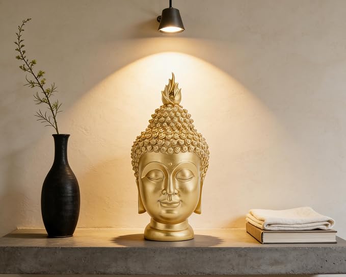 Buddha Head Statue (Gold), Ideal for Zen Space, Spiritual Decor, Buddhism Religious Room Decoration