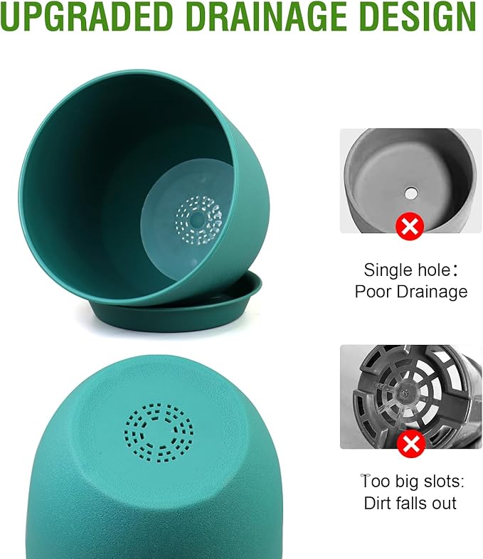WSMKSZ Large Flower Pots 12/10/9 inch, Set of 3 Modern Decorative Plastic Planters with Drainage Holes and Saucers for House Plants, Plant Pots for Indoor Outdoor Plants, Blue Green