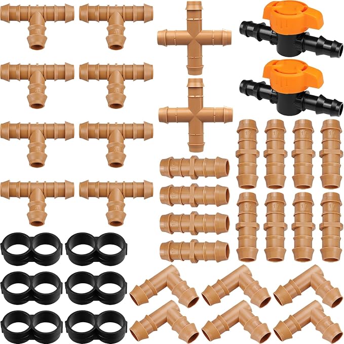 Drip Irrigation Fittings Kit for 1/2" Tubing - 36 Pieces, Including 12 Couplings, 8 Tees, 6 Elbows, 6 End Caps, 2 Cross Connectors and 2 Drip Valves