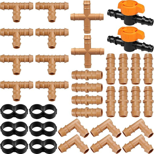 Drip Irrigation Fittings Kit for 1/2" Tubing - 36 Pieces, Including 12 Couplings, 8 Tees, 6 Elbows, 6 End Caps, 2 Cross Connectors and 2 Drip Valves