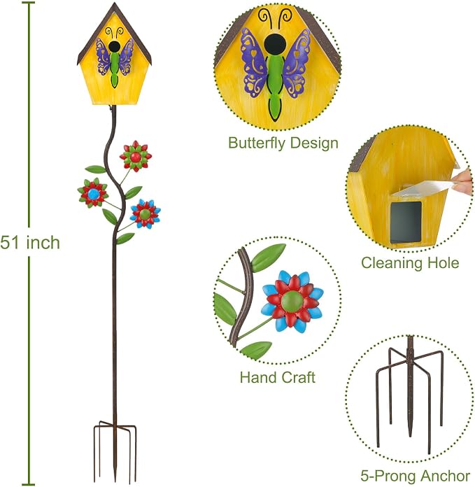 51” Metal Bird Houses Stake for Outside Butterfly Design | Metal Wild Birdhouse, 5 Pronged Garden Stake Pole, Outdoor Decorations for Patio, Backyard, Garden
