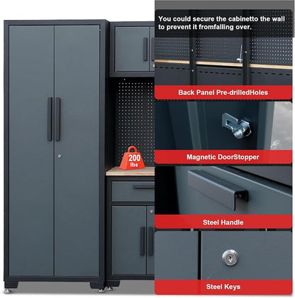 Garage Storage Cabinet System,2×8Pcs Garage Cabinets and Storage System Corner Workshop Set with Corner Cabinet, Cabinet Drawers, Workbench, Pegboard for Tool Organization, Black and Grey