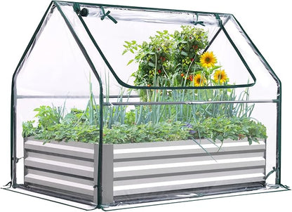 Quictent Raised Garden Bed with Cover Outdoor Galvanized Steel Planter Box Kit with Greenhouse Large Zipper Window Dual Use, 20pcs T-Type Tags & 1 Pair of Gloves Included 4x2.5x1 FT, Clear