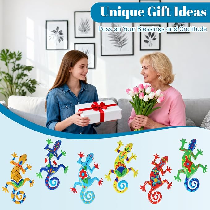 WANFSOWO 3D Metal Gecko Wall Art, Hand-Painted Colorful Lizard Wall Sculpture, Indoor Outdoor Hanging Decor for Garden Fence Patio Porch Backyard, Home Decor Gift (Style 3)