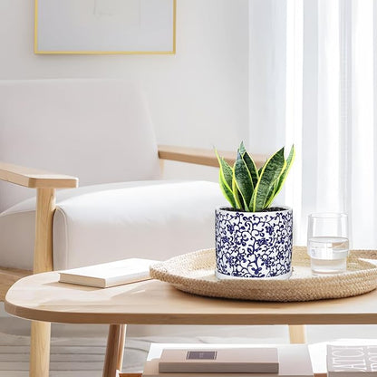 Set of 2 Blue and White Ceramic Plant Pots with Drainage Hole and Saucers, Retro Blue Porcelain Vase Round Planters for Succulent Cactus Indoor Outdoor Garden Home Desktop Decor, 4.5+5.5 Inch