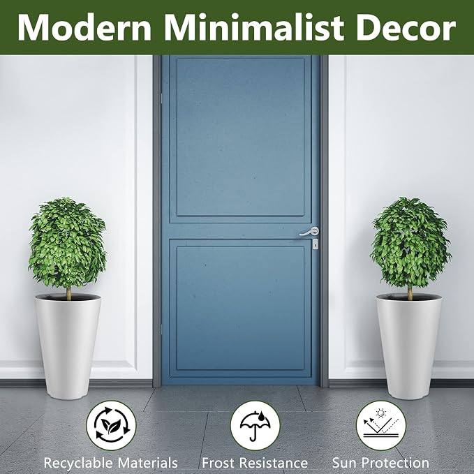 Sieral Set of 2 Tall Outdoor Planters 12 x 18 Inch Large Resin Outdoor Planters for Front Porch Flower Round Floor Decorative Indoor Pots with Drainage(White)