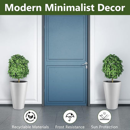 Sieral Set of 2 Tall Outdoor Planters 12 x 18 Inch Large Resin Outdoor Planters for Front Porch Flower Round Floor Decorative Indoor Pots with Drainage(White)