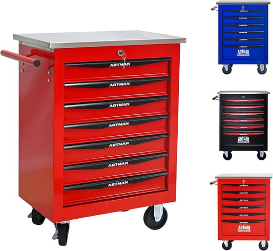 7-Drawer Rolling Tool Chest, Lockable Stainless Worktop for Garage, Red | Heavy Duty Metal Tool Cabinet with Drawers on Wheels for Warehouse and Workshop Storage