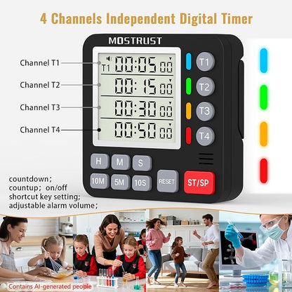 Digital Dual Kitchen Timer, 4 Channels Independent Countdown Timer, Large Display, On/Off, Loud Volume Alarm and Flashing Light with Magnetic Back, Stand, Battery Included (Black)
