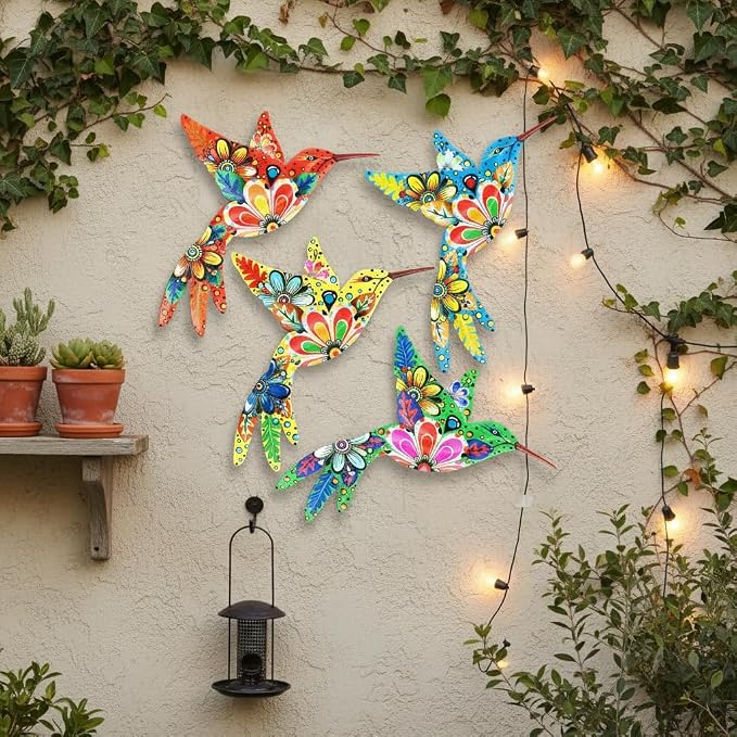 Cruis Cuka Outdoor Metal Wall Art Garden Decor for Outside Colorful Hummingbird Fence Art - (Set of 4,ColorF)