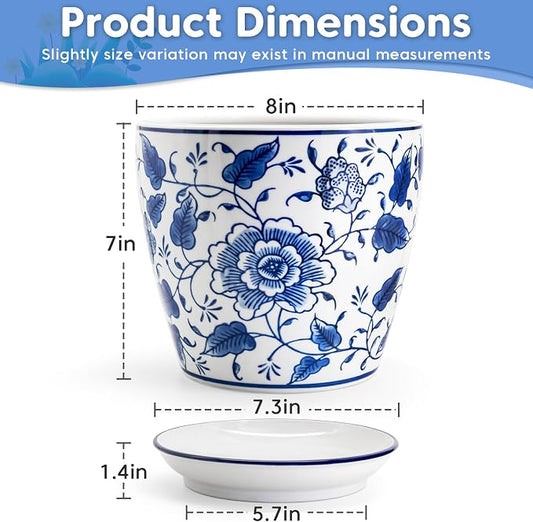 HakkaGirl 8 inch Ceramic Planters for Indoor Plants, Chinoiserie Decor Ceramic Pots for Plants Flower Plant Pots Indoor with Drainage and Saucer, Blue and White