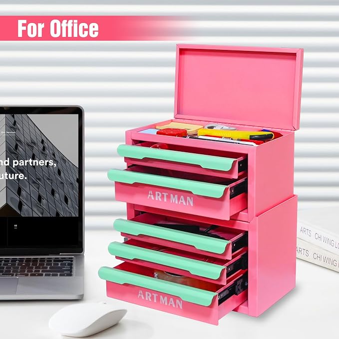Metal Tool Box with Sliding Drawers, 5-Drawer Desktop Tool Box, Small Steel Tool Chest, Portable Benchtop Toolbox for Jewelry & Office DIY Pink&Creamy Green