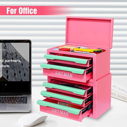 Metal Tool Box with Sliding Drawers, 5-Drawer Desktop Tool Box, Small Steel Tool Chest, Portable Benchtop Toolbox for Jewelry & Office DIY Pink&Creamy Green