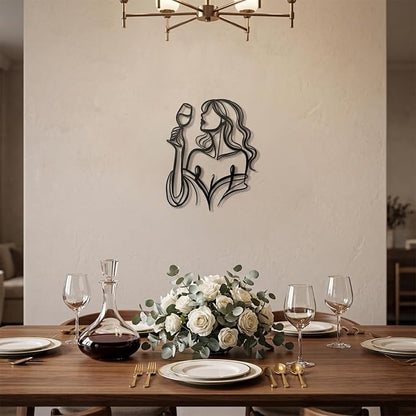 LIYAOLI 3D Metal Wall Sculpture Decor - Black Wall Art of Woman Drinking Wine, Waterproof Kitchen Line Art, Unique Modern Metal Art for Dining Room, Bar, Living Room, Bedroom