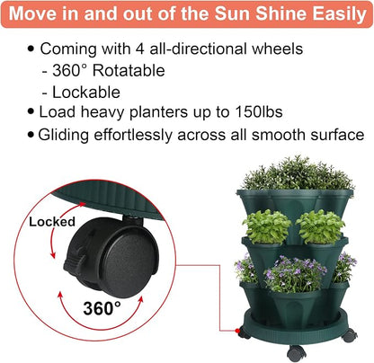 GameXcel Vertical Planter Tower - 3 Tier Stackable Garden Planters with Wheels and Tools Plant Pots for Strawberry Herb Flower and Vegetable Indoor Outdoor Use Green