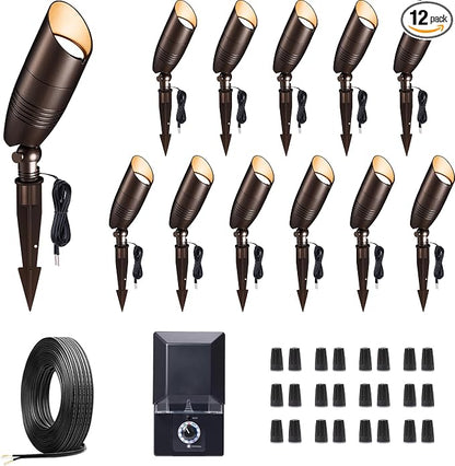 12v Landscape Lighting Kit, with 12 Pack 3CCT Spotlights and 200W Transformer and 250FT Cable and 40 Wire Connectors, Aluminum ORB Ip65 Waterproof Tree Light for Home Patio Plant
