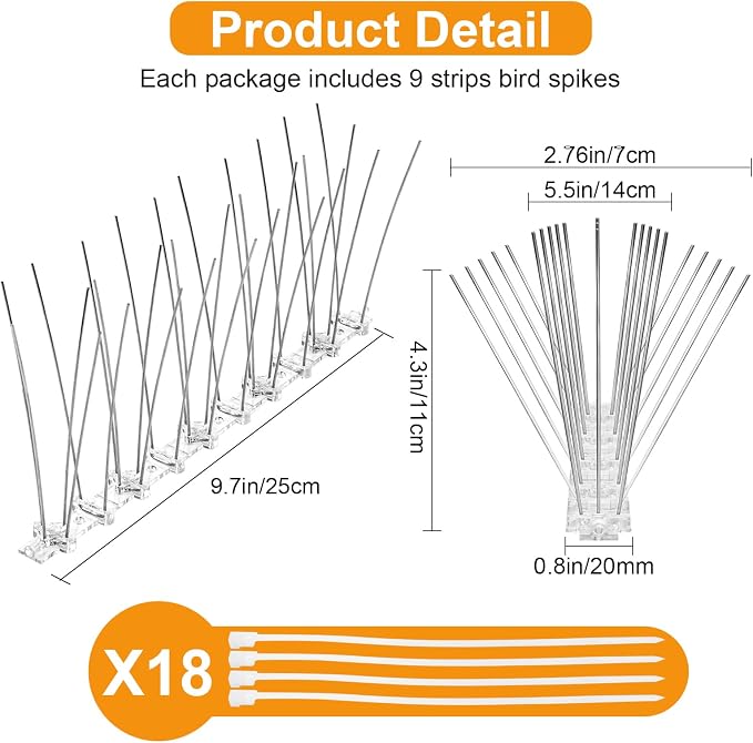Bird Spikes, 9 Strip Stainless Steel Anti Bird Spikes, Birds Repellent for Roof, Balcony and Fence, Pigeon Spike Cover 7.38 Feet(2.25M)