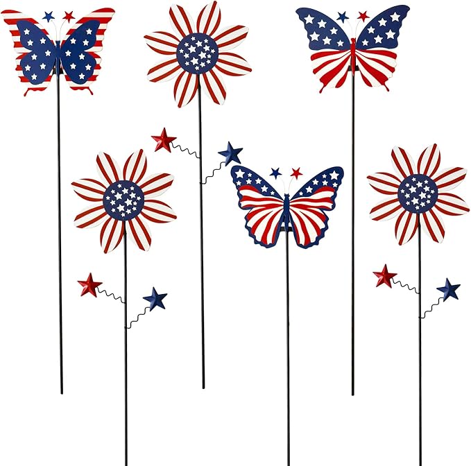 6Pack 4th of July Decorations Outdoor, 18.6Inch Patriotic Metal Flowers Butterfly Decorative Garden Stakes for Independence Day, Americana Patriotic Yard Signs Decor for Garden Lawn Porch