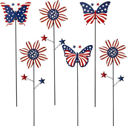 6Pack 4th of July Decorations Outdoor, 18.6Inch Patriotic Metal Flowers Butterfly Decorative Garden Stakes for Independence Day, Americana Patriotic Yard Signs Decor for Garden Lawn Porch