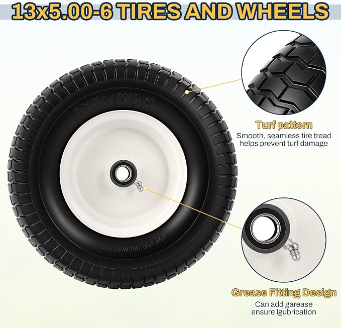 13x5.00-6 Flat Free Tire and Wheel Assemblies, 13x5-6 Solid Rubbe Tires and Wheel for Riding Lawn Mower - With 3/4" Bushings & 5/8" Bearings, 3" Centered Hub, 2 Pack