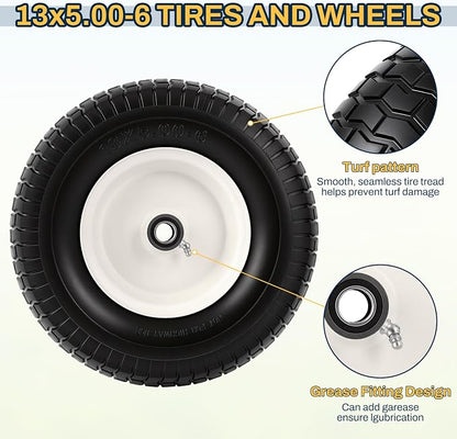 13x5.00-6 Flat Free Tire and Wheel Assemblies, 13x5-6 Solid Rubbe Tires and Wheel for Riding Lawn Mower - With 3/4" Bushings & 5/8" Bearings, 3" Centered Hub, 2 Pack