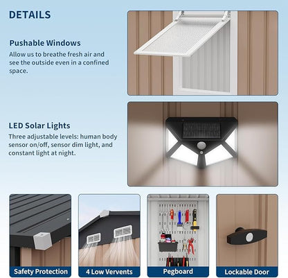 Garvee 10 x 8 FT Heavy-Duty Metal Outdoor Storage Shed with Motion Sensor Solar Light and Window,Pegboard Tool Organizer, Lockable Doors and 4 Air Vents, Garden Shed for Patio, Garage, Backyard | Motion Sensor Light, Window, Pegboard Tool Organizer, Lo...