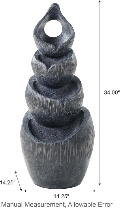 Glitzhome Outdoor Fountain with Lights & Pump, 34" H 4-Tiered Cascading Zen-Style Water Fountain Outdoor, Alms Bowl Polyresin Waterfall Water Feature for Garden, Patio, Yard, Deck Decor