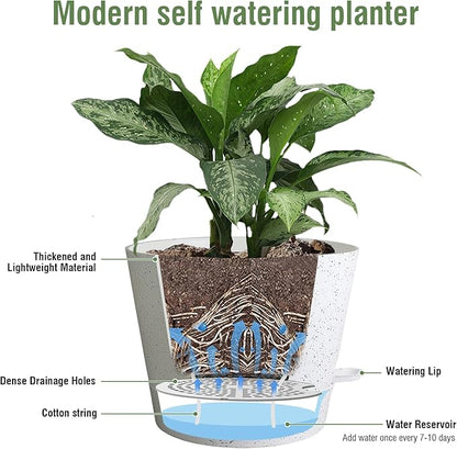 Meowell 12 inch Large Self Watering Pots, Plant Pots with Mesh Drainage Holes for Indoor Outdoor Plants, Plastic Planters with Deep Reservoir for Garden House Flower Plants, Speckled White
