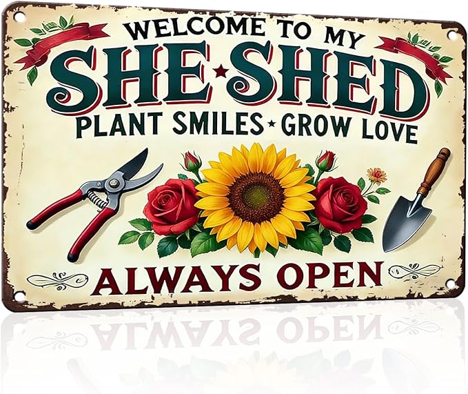 PEACHGARDEN Garden Decor She Shed Wall Art Decor Welcome To My She Shed Garden Metal Sign for Greenhouse Plantroom Yard Patio 8x12 inch