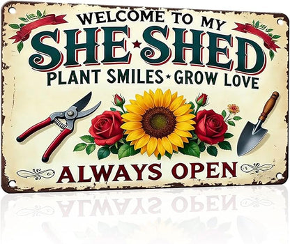 PEACHGARDEN Garden Decor She Shed Wall Art Decor Welcome To My She Shed Garden Metal Sign for Greenhouse Plantroom Yard Patio 8x12 inch