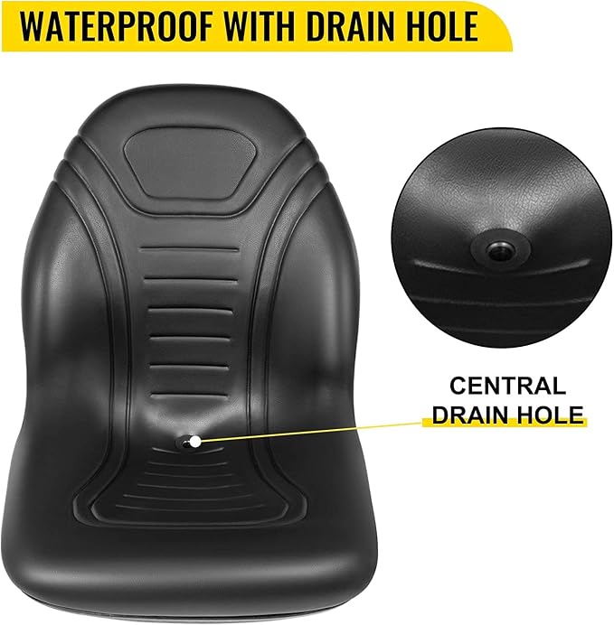 VEVOR Universal Lawn Tractor Seat Replacement, Compact High Back Mower Seat, Black Vinyl Forklift Seat, Central Drain Hole Skid Steer Seat with Mounting Bolt Patterns of 8" x 11.5" & 11.25" x 11.5"