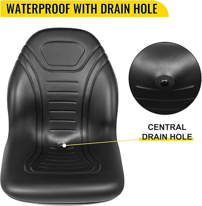 VEVOR Universal Lawn Tractor Seat Replacement, Compact High Back Mower Seat, Black Vinyl Forklift Seat, Central Drain Hole Skid Steer Seat with Mounting Bolt Patterns of 8" x 11.5" & 11.25" x 11.5"