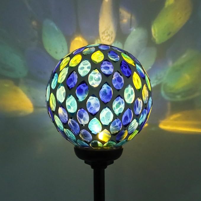 VCUTEKA Solar Lights Outdoor Decorative - Waterproof Mosaic Solar Garden Light, LED Pathway Stake for Landscape Lawn Patio Yard, Solar Globe Lights Outdoor, 1 Pack Green Yellow