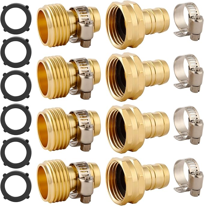 4 Set Brass Garden Hose Repair Connector Kit with Clamps, Fit for 5/8" Garden Hose Fitting,5/8'' Barb x 3/4'' GHT Garden Hose Adapter/Fittings, Water Hose Repair Kit