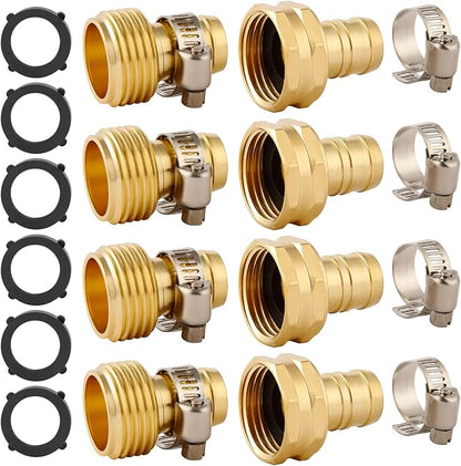 4 Set Brass Garden Hose Repair Connector Kit with Clamps, Fit for 5/8" Garden Hose Fitting,5/8'' Barb x 3/4'' GHT Garden Hose Adapter/Fittings, Water Hose Repair Kit