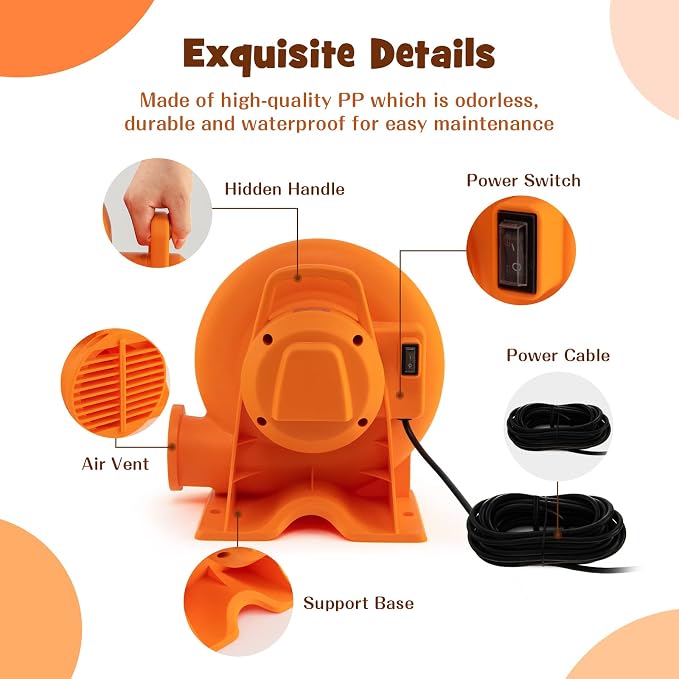 Costzon Air Blower, 0.7HP Blower for Bounce House with 25FT SJTW Wire & Stakes, GFCI Plug, ETL, 550W, Perfect for Inflatable Bouncer Blower Orange, IPX4 Air Blower for Inflatables