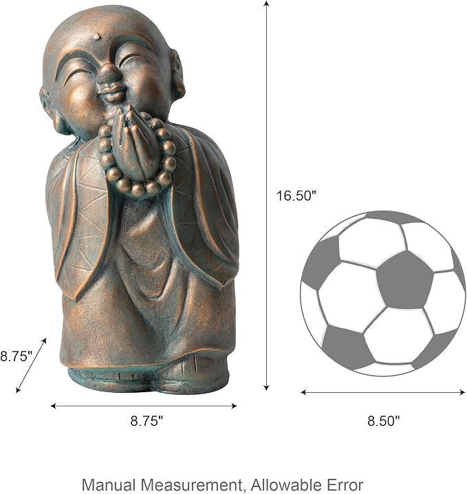 Glitzhome MGO Faux Bronze Little Buddha Monk Garden Staue Indoor and Outdoor Sculpture Decoration, 16.5" H