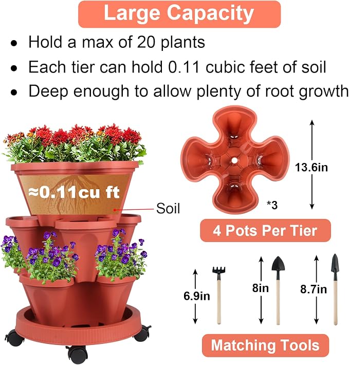 GameXcel Vertical Planter Tower - 3 Tier Stackable Garden Planters with Wheels and Tools Plant Pots for Strawberry Herb Flower and Vegetable Indoor Outdoor Use Red
