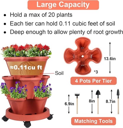 GameXcel Vertical Planter Tower - 3 Tier Stackable Garden Planters with Wheels and Tools Plant Pots for Strawberry Herb Flower and Vegetable Indoor Outdoor Use Red