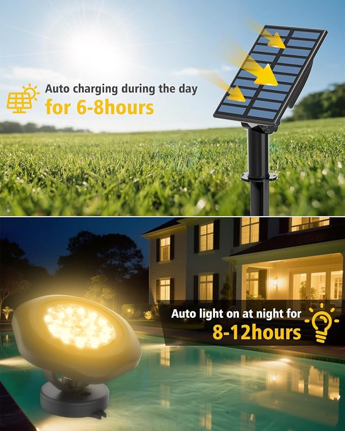 Solar Spot Lights Outdoor Waterproof IP68, 3000K Pond Lights | 3-in-1 LED Solar Landscape Lights, 2 Light Modes Path Lights for Underwater Pond Garden Yard Pathway