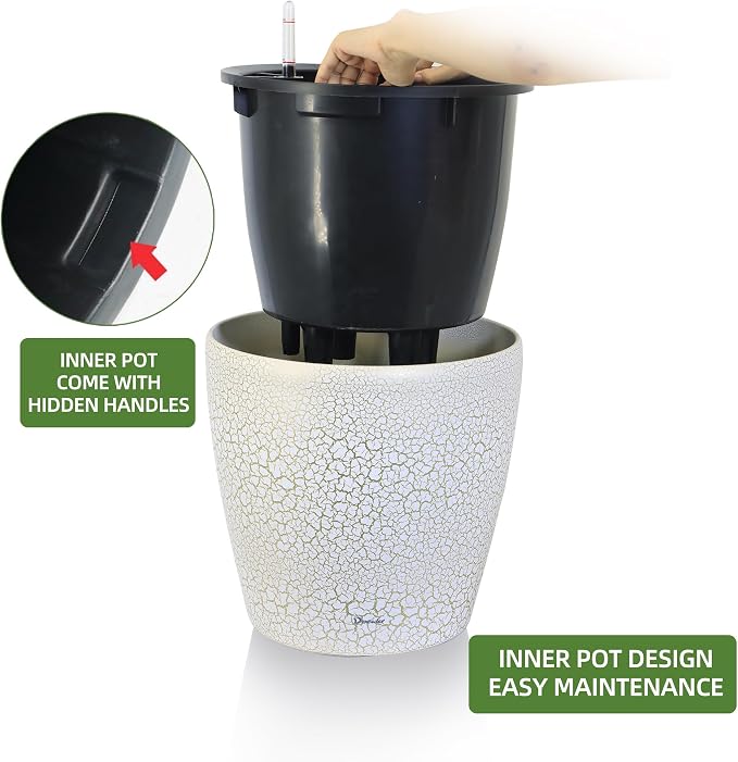 Dexceder 18x17 Self Watering Planter with Wheels (White Gold Crackle) | Inner Pot Design, Thickened Large Floor Standing Flower Plant Pot with Water Level Indicator Indoor Outdoor