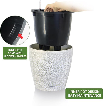 Dexceder 15x14 Self Watering Planter with Wheels (White Gold Crackle) | Inner Pot Design, Thickened Large Floor Standing Flower Plant Pot with Water Level Indicator Indoor Outdoor