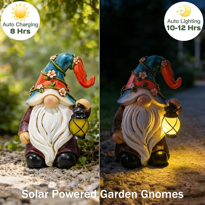 Suyorpe Garden Gnomes Statues with Solar LED Light - Mini 4.9 inch Gnome Sculptures for Porch Balcony Patio Yard Lawn Balcony Home Decor Mother's Day Birthday Gifts for Women