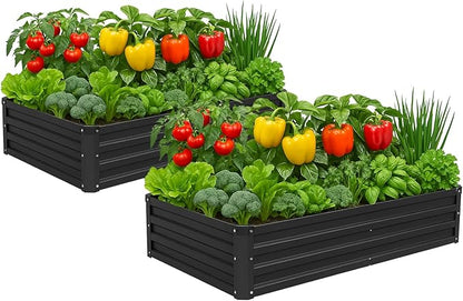 Meberam 2 Pack 6x3x1FT Galvanized Raised Garden Bed Kit, Outdoor Metal Planter Box for Vegetables, Bottomless Rectangular Gardening Bed with Support Rods, Tool-Free Assembly, Black