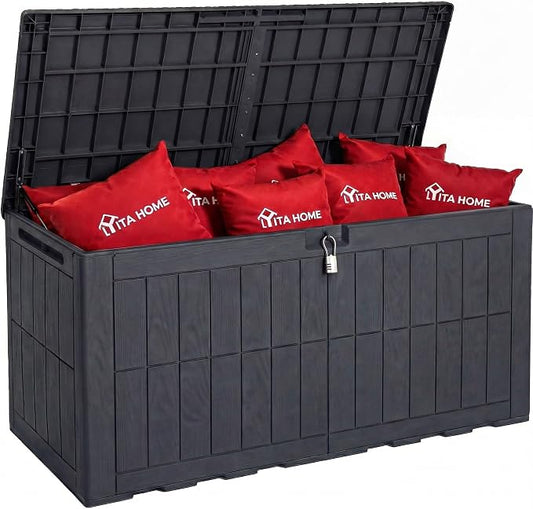 YITAHOME 134 Gallon Large Deck Box | Waterproof Resin Outdoor Storage Box with Lock, Doubles as 2-Person Bench Seating for Patio Furniture Cushions,Garden Tools &
