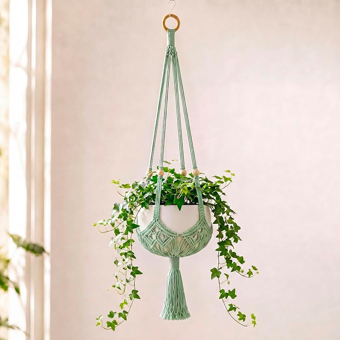 Shappy 1 Pack Boho Macrame Plant Hanger, Large Hanging Planter Plant Holder Pot Hanger Hanging Basket Wall Planters, Plants Lover Gift for Indoor Garden (Wooden Ring and Wooden Beads,Sage Green)