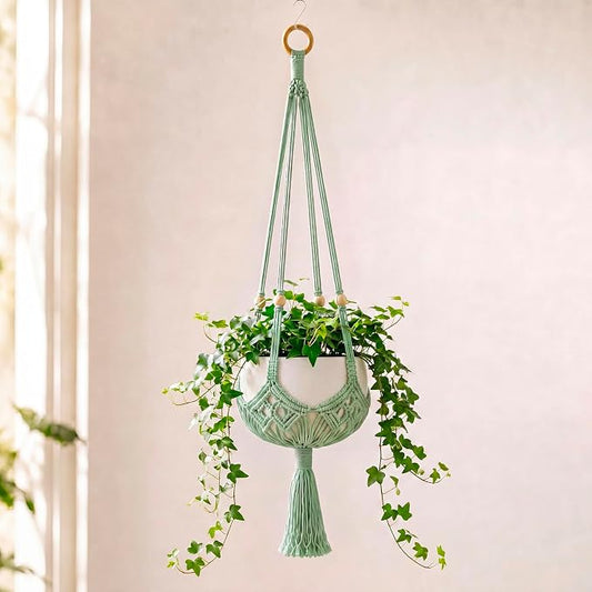 Shappy 1 Pack Boho Macrame Plant Hanger, Large Hanging Planter Plant Holder Pot Hanger Hanging Basket Wall Planters, Plants Lover Gift for Indoor Garden (Wooden Ring and Wooden Beads,Sage Green)